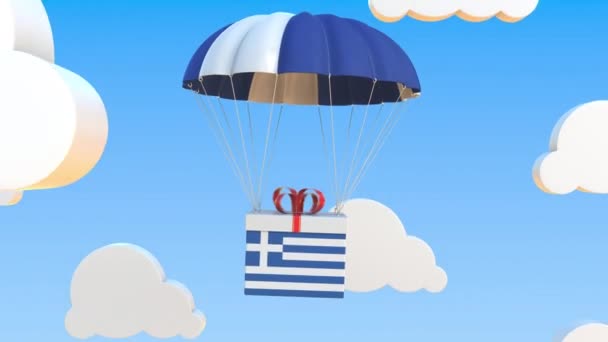 Kasten mit griechischer Nationalflagge fällt mit einem Fallschirm. Schlupflöcher konzeptionelle 3D-Animation — Stockvideo