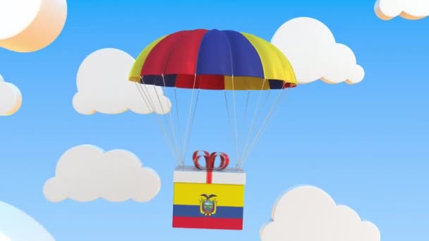 Caja con bandera nacional de Ecuador cae con un paracaídas. Animación 3D conceptual Loopable — Vídeos de Stock