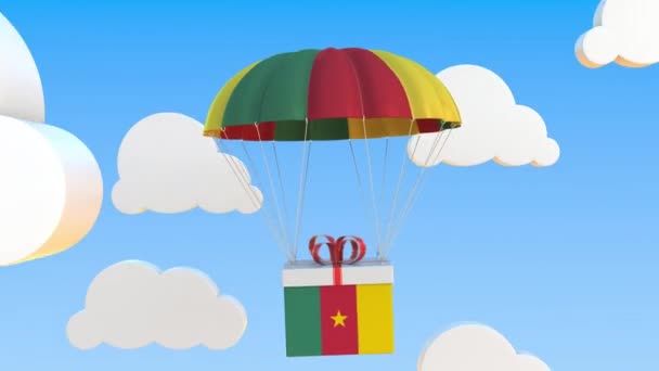 Boîte avec drapeau national du Cameroun tombe avec un parachute. Animation 3D conceptuelle bouclable — Video