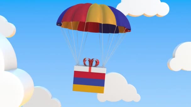 Doos met nationale vlag van Armenië valt met een parachute. Loopbare conceptuele 3D-animatie — Stockvideo