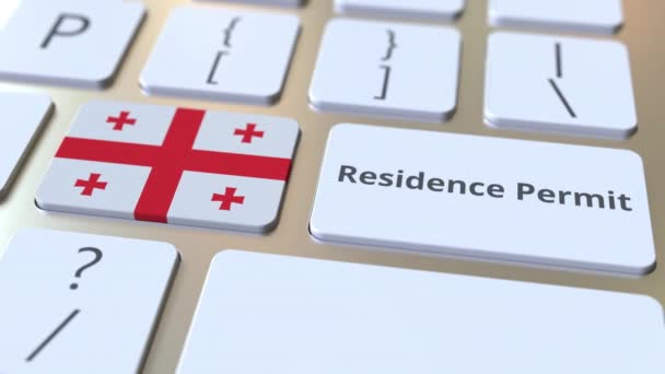 Residence Permit text and flag of Georgia on the buttons on the computer keyboard. Immigration related conceptual 3D animation — Stock Video