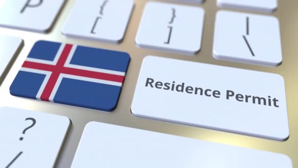 Residence Permit text and flag of Iceland on the buttons on the computer keyboard. Immigration related conceptual 3D animation — Stock Video