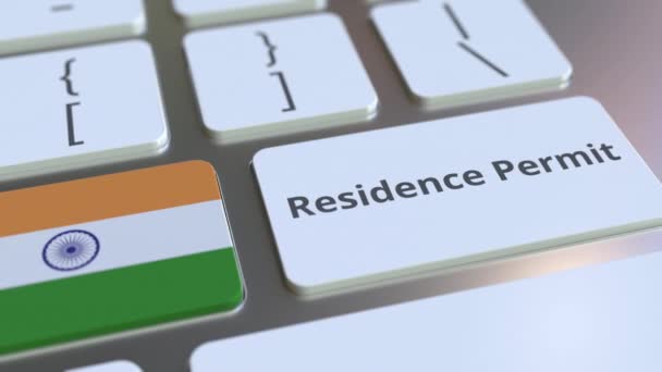Residence Permit text and flag of India on the buttons on the computer keyboard. Immigration related conceptual 3D animation — Stock Video
