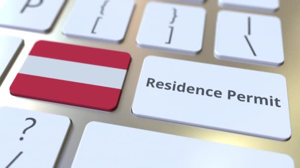 Residence Permit text and flag of Austria on the buttons on the computer keyboard. Immigration related conceptual 3D animation — Stock Video
