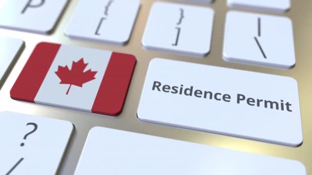 Autorização de residência de texto e bandeira do Canadá nos botões do teclado do computador. Animação 3D conceitual relacionada à imigração — Vídeo de Stock