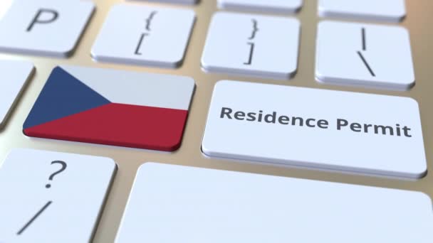 Residence Permit text and flag of the Czech Republic on the buttons on the computer keyboard. Immigration related conceptual 3D animation — Stock Video