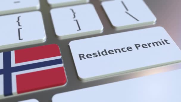 Oturma izni metni ve Norveç bayrağı bilgisayar klavyesindeki düğmelerde. Göçle ilgili kavramsal 3d animasyonu — Stok video