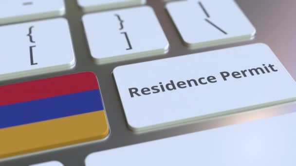 Residencia Permitir texto y bandera de Armenia en los botones del teclado del ordenador. Animación 3D conceptual relacionada con la inmigración — Vídeos de Stock