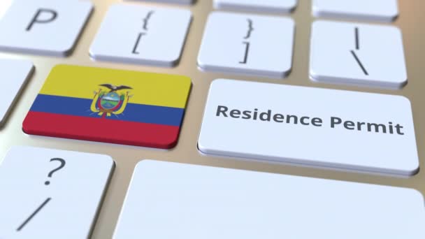 Residence Permit text and flag of Ecuador on the buttons on the computer keyboard. Immigration related conceptual 3D animation — Stock Video