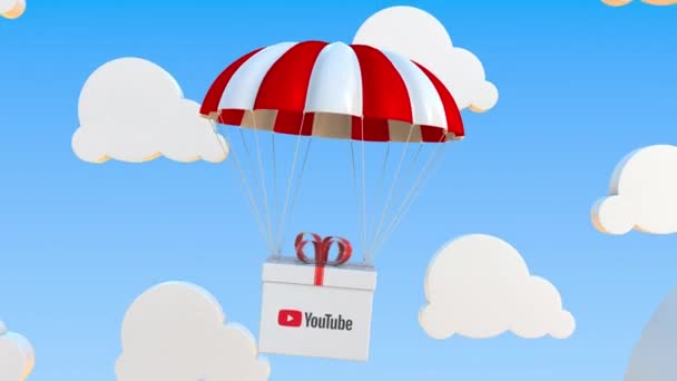 Youtube logo op bewegende doos beweegt onder parachute. Redactionele loopable 3d animatie — Stockvideo