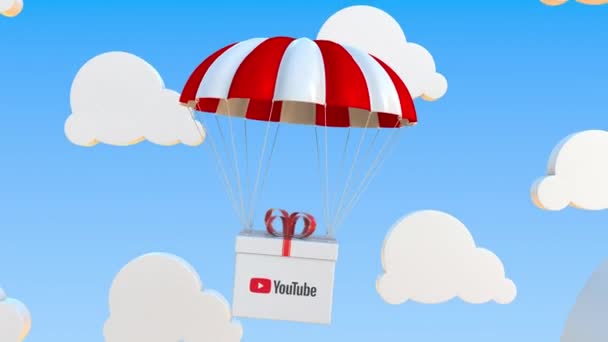 Logo Youtube na pohyblivé krabici se pohybuje pod padákem. Redakční smyčka 3D animace — Stock video