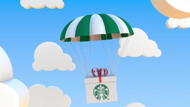 Starbucks logosu paraşüt altında hareket ediyor. Editör döngüsü 3d canlandırması — Stok video