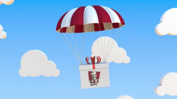 Kfc logo op bewegende doos beweegt onder parachute. Redactionele loopable 3d animatie — Stockvideo