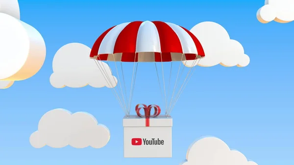 Logo YOUTUBE sur boîte mobile se déplace sous parachute. Editorial rendu 3D — Photo