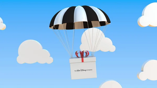 O logotipo da WALT DISNEY COMPANY em movimento caixa se move sob paraquedas. Renderização 3D editorial — Fotografia de Stock