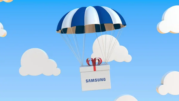 Samsung logo auf fahrkiste bewegt sich unter fallschirm. redaktionelles 3D-Rendering — Stockfoto