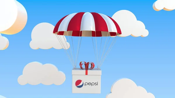 Logotipo PEPSI em movimento caixa se move sob paraquedas. Renderização 3D editorial — Fotografia de Stock