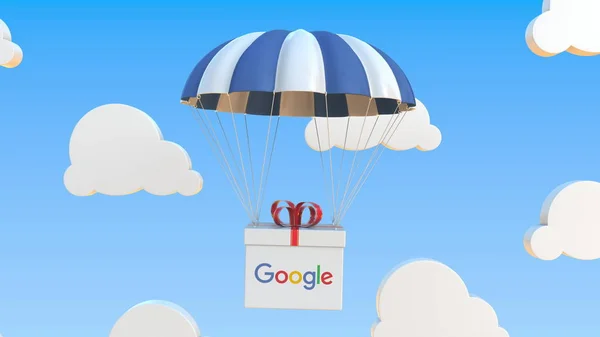 Boîte avec logo GOOGLE tombe avec un parachute. Editorial rendu 3D — Photo