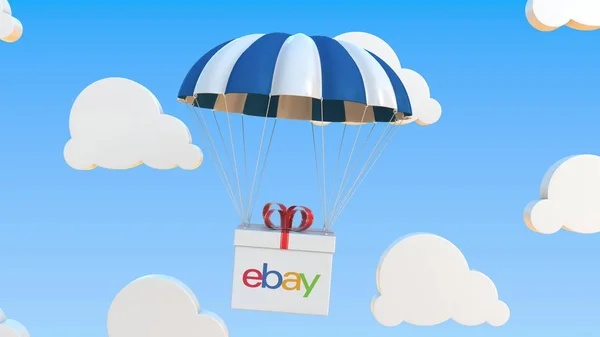 Ebay logosu paraşüt altında hareket ediyor. 3d düzenleme — Stok fotoğraf