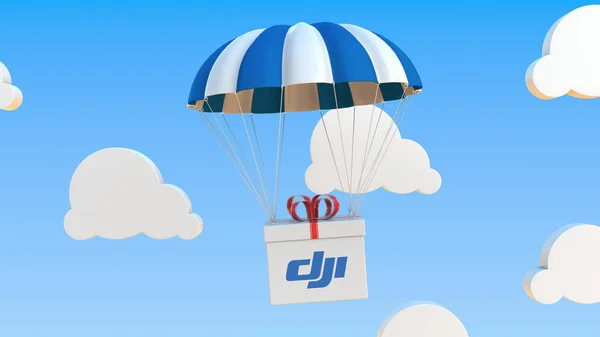 移动箱上的Dji标识在降落伞下移动。 编辑3d渲染 — 图库照片