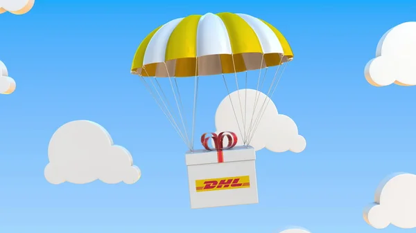 O logotipo da DHL na caixa móvel se move sob paraquedas. Renderização 3D editorial — Fotografia de Stock