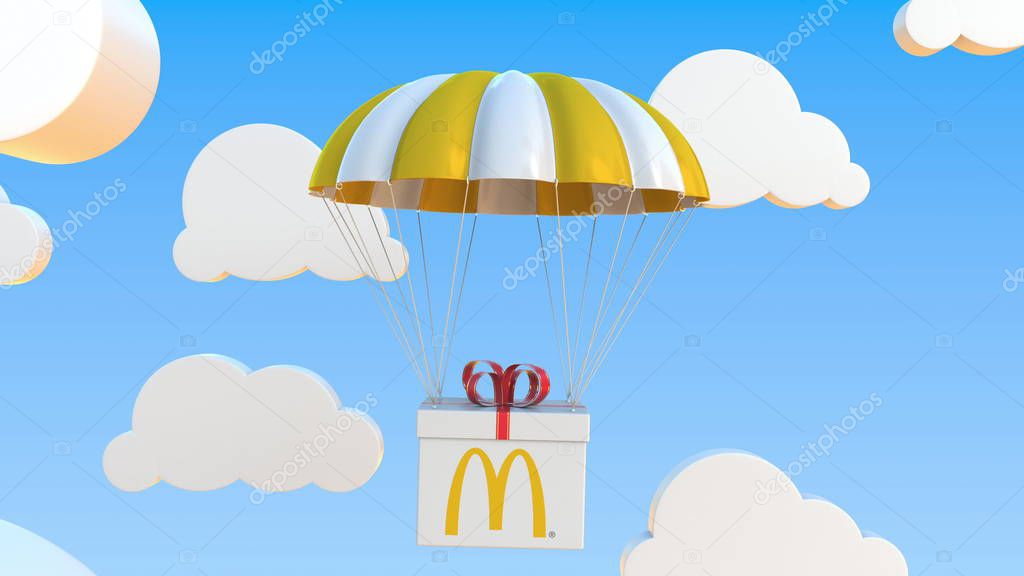 Box with logo falls with parachute. Editorial 3D