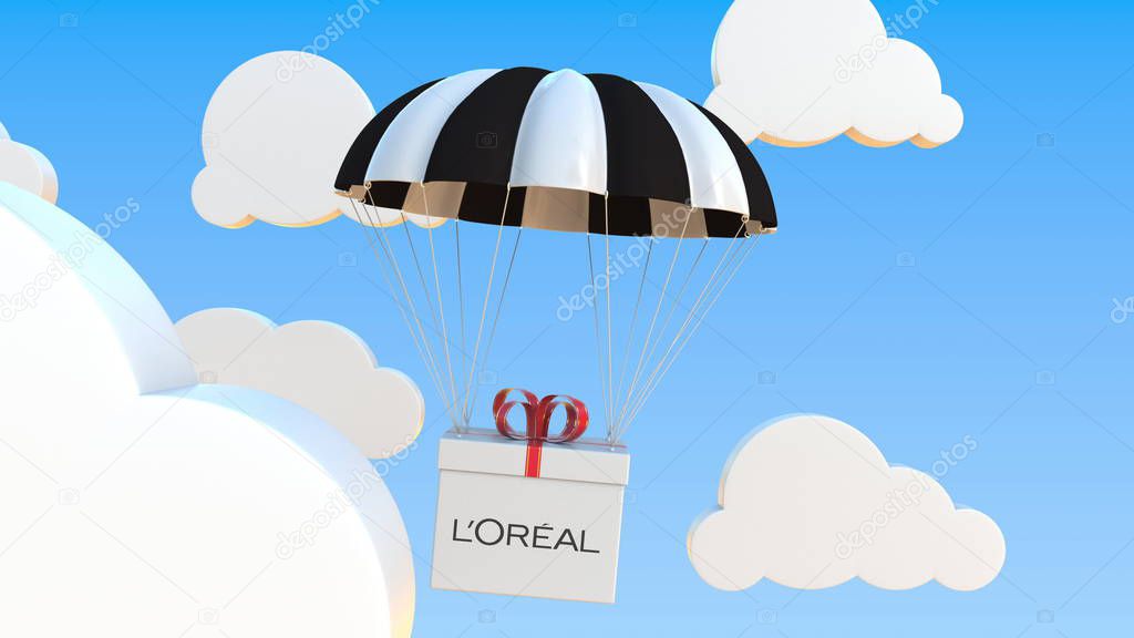 Box with logo falls with parachute. Editorial 3D