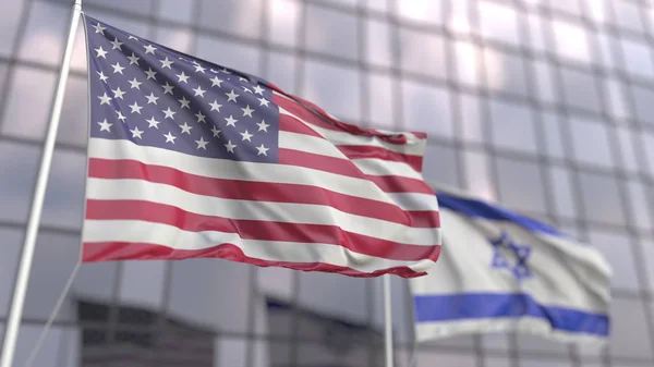 Viftande flaggor från USA och Israel framför en modern skyskrapa fasad. 3d-konvertering — Stockfoto