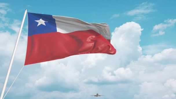 Plane arrives to airport with flag of Chile. Chilean tourism — 비디오