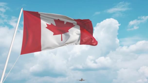 Avión se acerca a la bandera canadiense. Turismo en Canadá — Vídeo de stock