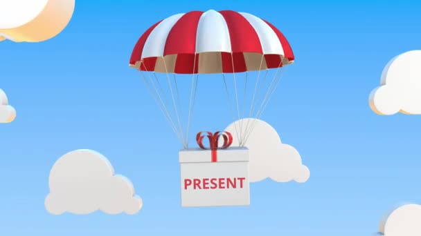 Doos met Present tekst valt met een parachute. Loopbare conceptuele 3D-animatie — Stockvideo