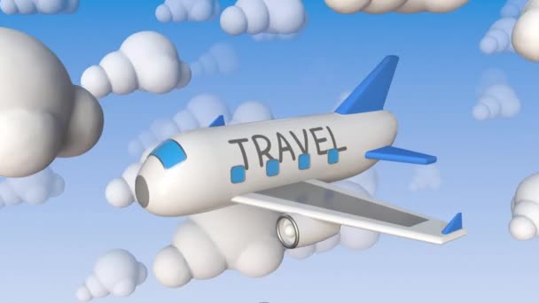 Zabawkowy samolot pasażerski z tekstem podróży lata między makietami chmury, konceptualna pętla animacji 3D — Wideo stockowe