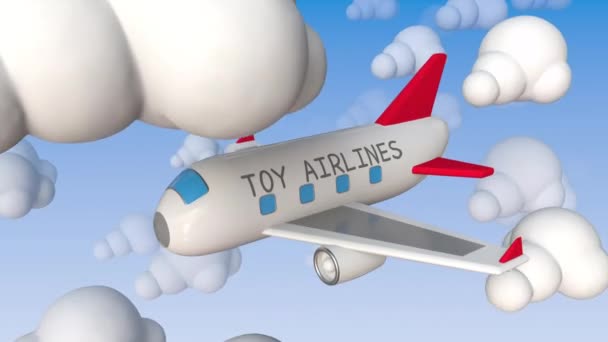Speelgoedvliegtuig met Toy Airlines tekst vliegt tussen cloud mockups, conceptuele loopable 3d animatie — Stockvideo