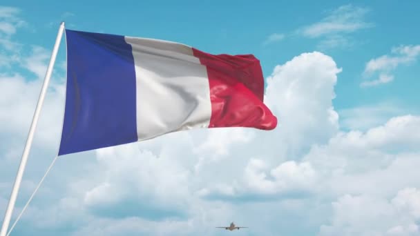 Avión llega al aeropuerto con la bandera nacional de Francia. Turismo francés — Vídeos de Stock