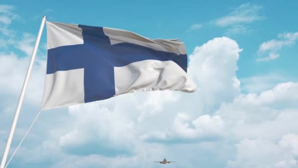 Flygbolaget närmar sig Finlands nationella flagga. Turism i Finland — Stockvideo