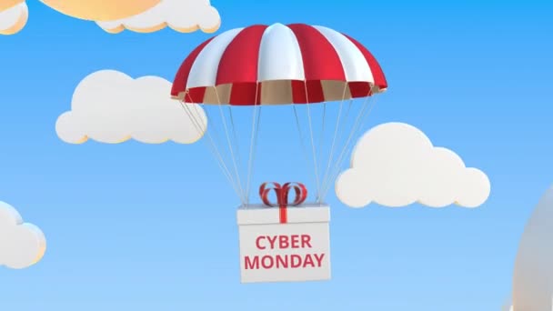 Doos met Cyber Monday valt met een parachute. Loopbare conceptuele 3D-animatie — Stockvideo