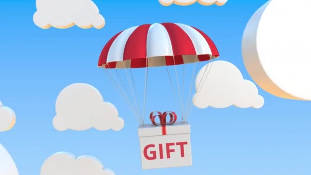 Box with GIFT text falls with a parachute. Loopable conceptual 3D animation — Stock Video