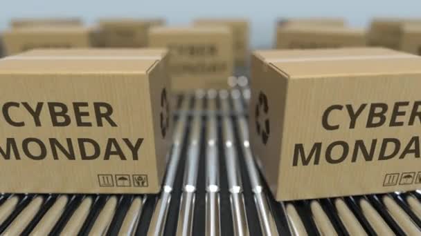 Cartons with CYBER MONDAY text move on roller conveyor. Loopable 3D animation — 비디오