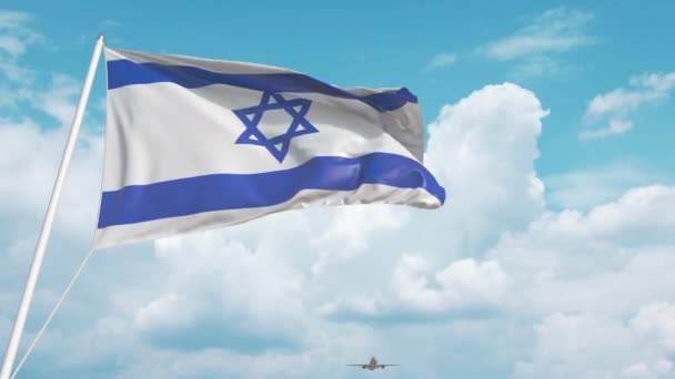 Avión comercial aterrizando detrás de la bandera israelí. Turismo en Israel — Vídeo de stock