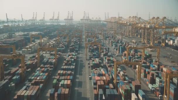 DUBAI, EMIRADOS ARAB UNIDOS - 29 DE DEZEMBRO DE 2019. Aerial Dolly zoom tiro de porta grande contêiner Jebel Ali — Vídeo de Stock