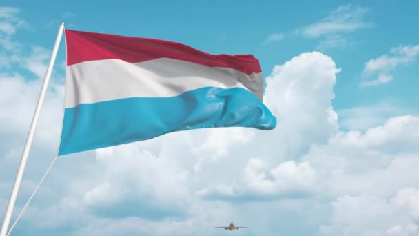 Samolot przylatuje na lotnisko z flagą Luksemburga. Turystyka luksemburska — Wideo stockowe