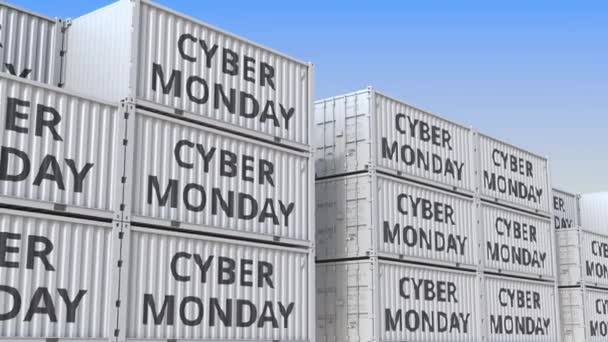 Recipientes de carga com texto CYBER MONDAY. Loopable animação 3D — Vídeo de Stock