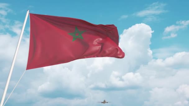 Airliner approaches the Moroccan national flag. Tourism in Morocco — Stock Video