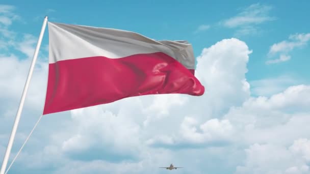 Commercieel vliegtuig landt achter de Poolse vlag. Toerisme in Polen — Stockvideo