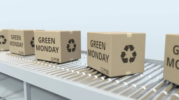 Коробки с текстом "Зеленый понедельник" перемещаются на роликовом конвейере. 3D рендеринг — стоковое фото