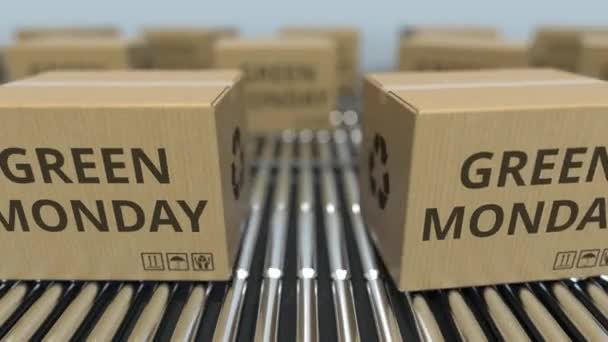 Cartons with GREEN MONDAY text move on conveyor. Loopable 3D animation — Stock Video