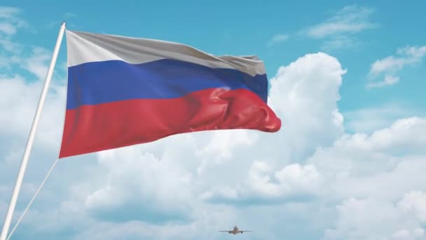 Plane arrives to airport with flag of Russia. Russian tourism — Stock Video