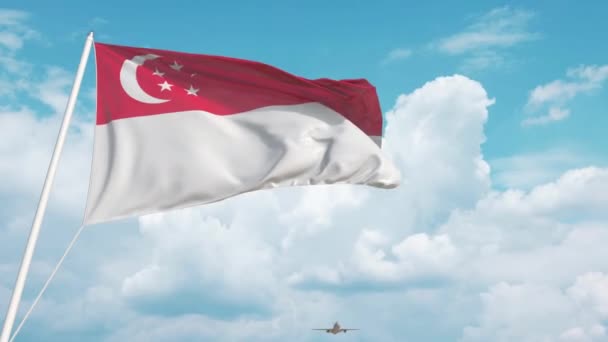 飛行機はシンガポールの旗を持って空港に到着します。シンガポール観光 — ストック動画