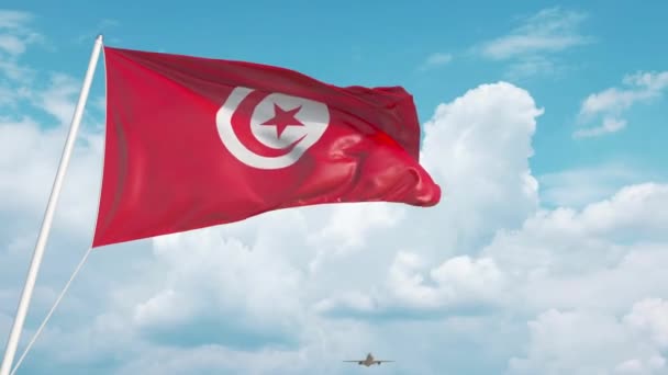 O avião aproxima-se da bandeira tunisina. Turismo na Tunísia — Vídeo de Stock