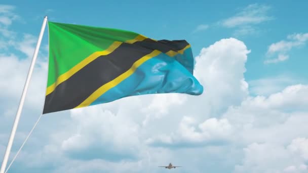 O avião aproxima-se da bandeira da Tanzânia. Turismo na Tanzânia — Vídeo de Stock